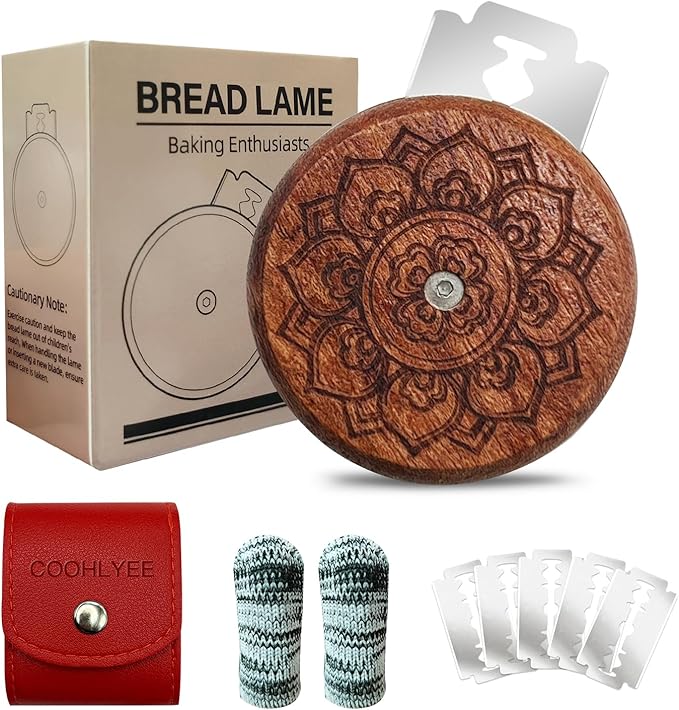 Bread Lame Sourdough Scoring Tool - Wooden Lame Bread Scoring Tool with 5 Razor Blades and Leather Storage Cover - UFO Bread Lame Dough Scoring Tool for Bread Baking