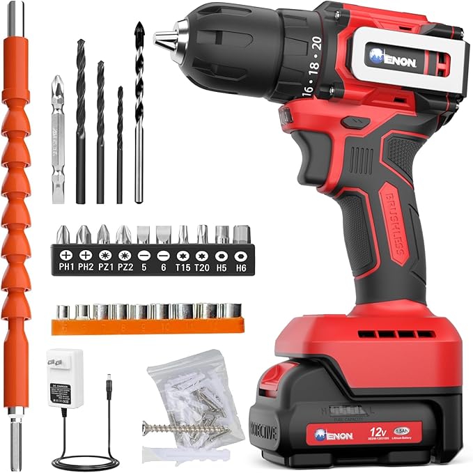 Brushless Cordless Drill Set,12V Power Drill Set with Battery and Charger, Electric Driver/Drill Bits, 3/8'' Keyless Chuck,20+1 Torque Setting, 300 inch-lbs, with LED Electric Drill Set (Red)