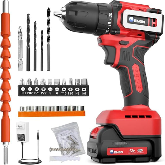 Brushless Cordless Drill Set,12V Power Drill Set with Battery and Charger, Electric Driver/Drill Bits, 3/8'' Keyless Chuck,20+1 Torque Setting, 300 inch-lbs, with LED Electric Drill Set (Red)