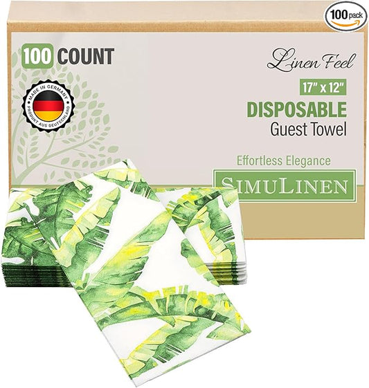 SimuLinen Paper Towels - Decorative Tropical Banana Leaves Design –- Cloth-Like, Linen-Feel for Guest Bathroom Essentials, Size: 12x17” (Pack of 100) Made in Germany