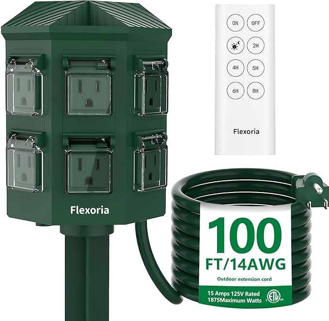 Outdoor Power Stake Timer, Remote Control Dusk to Dawn Light Timer, 100 FT Extension Cord Waterproof, 6 Grounded Outlets for Outdoor Christmas Decorations, ETL Listed
