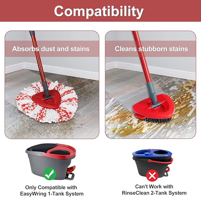 Spin Mop Replace Head, Base, Mop Handle Replacement for OCedar EasyWring 1 Tank System - Include 2 Microfiber Refills, 1 Sturdy Iron 30-58" Adjustable Mop Stick, Head Cover and Scrubber