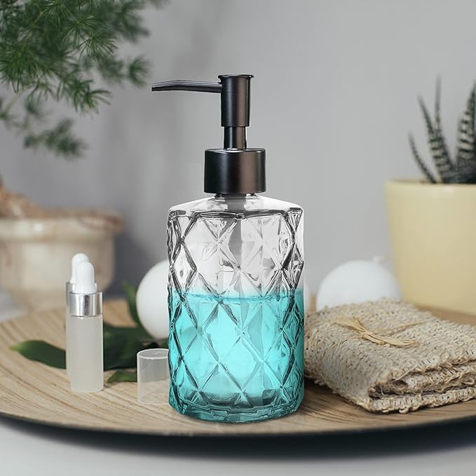 2Pcs Clear Glass Soap Dispenser with Pump, 11oz Diamond Design Refillable Soap Dispenser for Hand Wash, Dish Wash for Dishwashing Liquid, Lotions, Essential Oil