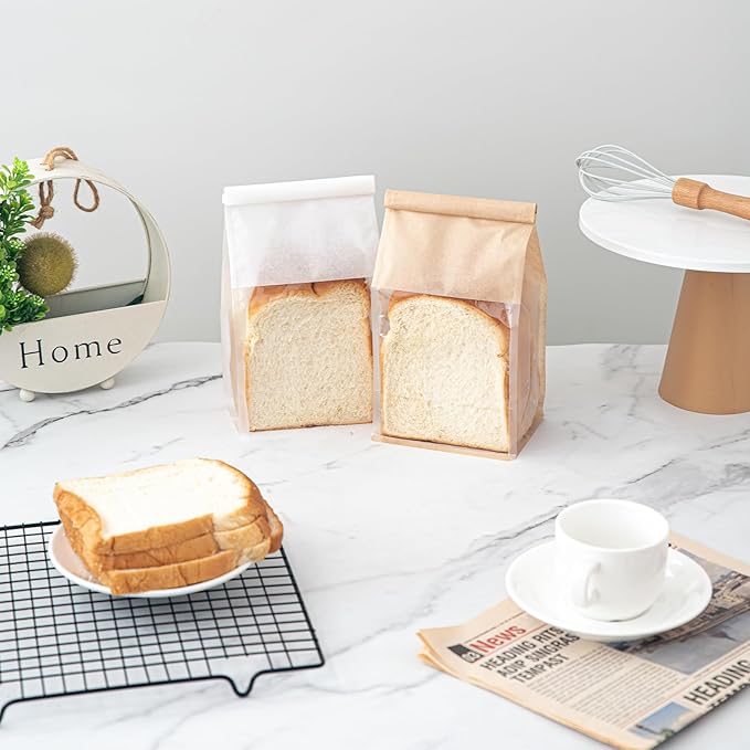 50 Pcs Bread Bags for Homemade Breads, 5.1 x 3.9 x 11 Inch Small Brown Bakery Bags with Tin Tie, Cotton Paper Loaf Bag, Storage Packing Bag with Clear Window