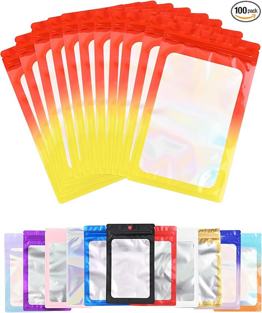 100 Pack Resealable Plastic Bags for Food Storage, Zipper Bags with Clear Front Window, Packaging Pouch for Small Business (Red & Yellow, 2.9x4.7 inch)