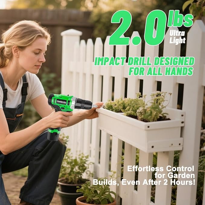 12V Green Cordless Drill Kit, Home DIY, 2 Batteries & Fast Charger, Compact, 2-Speed, 3/8" Keyless Chuck, 24+1 Torque, LED Light for Wood and Metal
