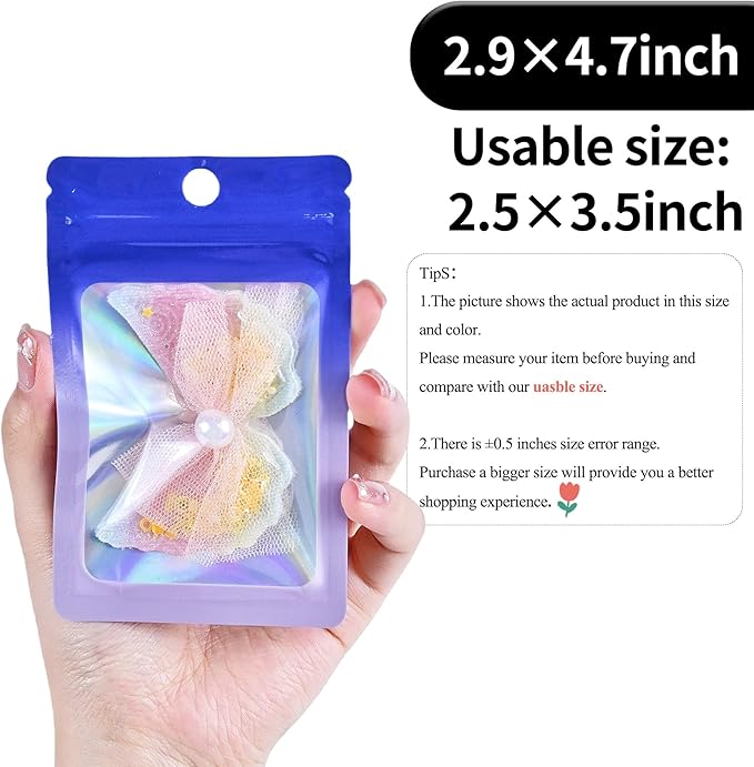 100 Pack Resealable Plastic Bags for Food Storage, Zipper Bags with Clear Front Window, Packaging Pouch for Small Business (Purple & Blue, 2.9x4.7 inch)