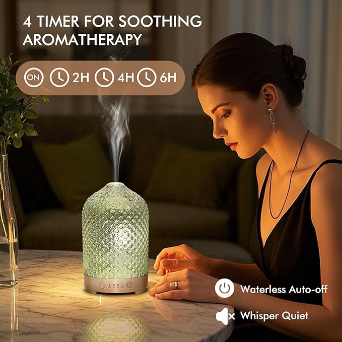 Glass Essential Oil Diffuser 200ml-Ultrasonic Aroma Diffuser with Glass Dome, Aromatherapy Diffuser with 4 Timers 7 Color LED Lights Waterless Auto Off for Home Office Yoga Gift