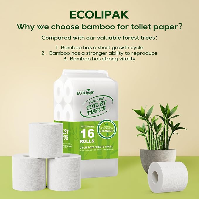ECOLipak Bamboo Toilet Paper, Septic Safe Toilet Tissue, 16 Double Rolls, 320 Sheets Per Roll, Tree Free, Non Toxic, 2 Ply, Soft and Absorbent, Eco Friendly Dye-Free Paper