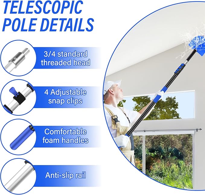26FT Cobweb Duster with Extension Pole,Spider Web Cleaner with 4-Stage 5-20FT Aluminum Pole, Spider Web Brush for Outdoor and Indoor Cleaning
