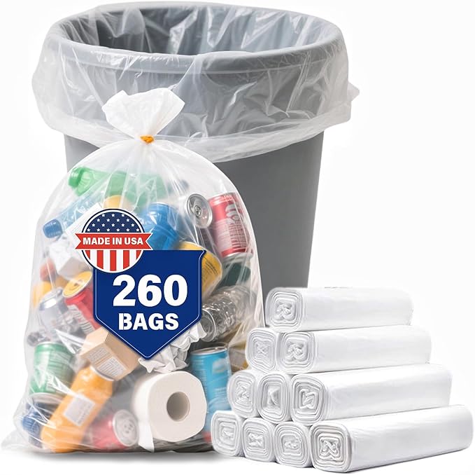 30 33 40 Gallon Clear Trash Bags, 260 Count High Density Garbage Bags, Made in USA, Recycling Trash Can Liners, Puncture-Resistant Plastic Waste Bags for Kitchens Yards Offices Commercial