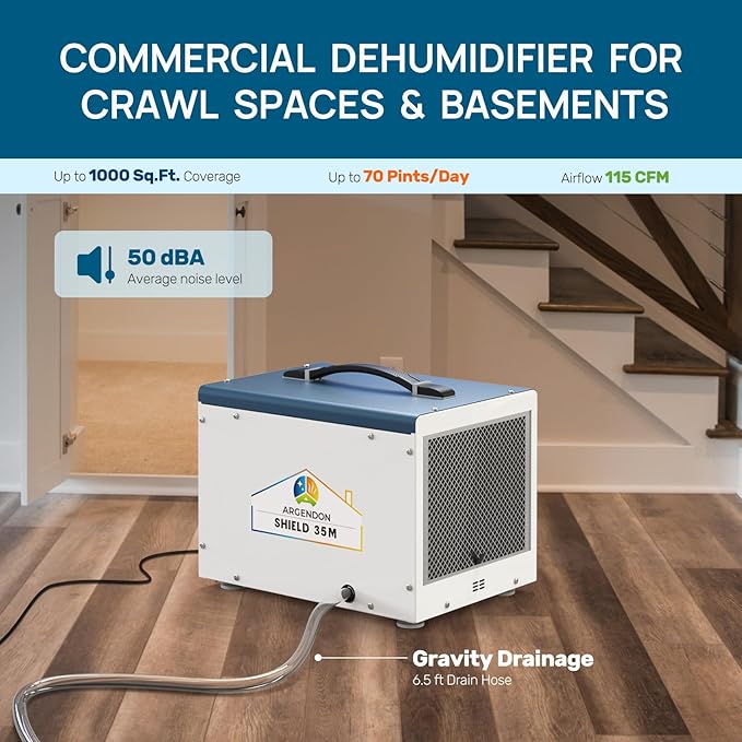 ARGENDON Dehumidifier for Crawlspace Basement, Commercial Dehumidifier with Drain Hose 70 PPD, Compact, Ideal for Water Damage Storage Up to 1000 Sq Ft, 5-Year Limited Warranty
