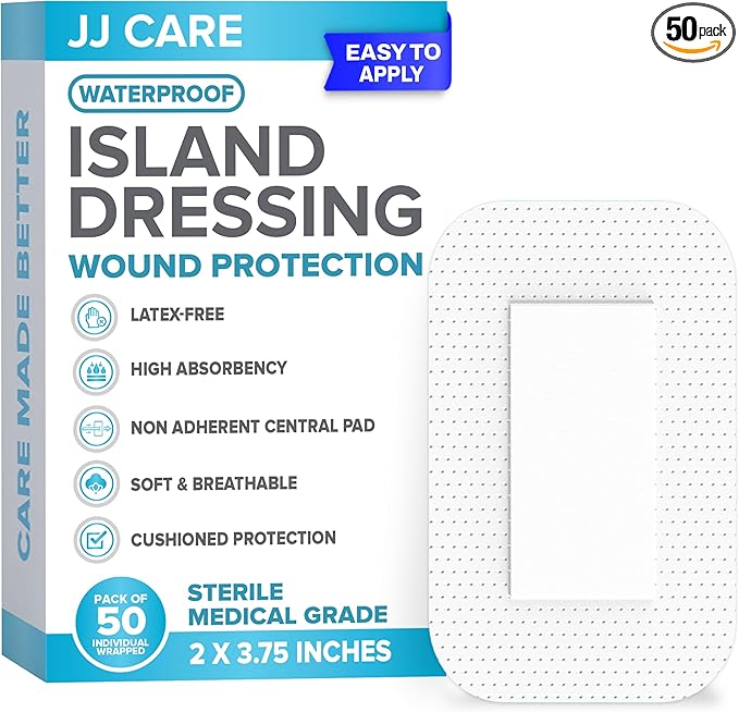 JJ CARE Adhesive Island Dressing [Pack of 50], 2x3.75 Sterile Bordered Gauze, Breathable Island Wound Dressing, Individually Wrapped Adhesive Gauze Bandages with Non-Stick Central Pad