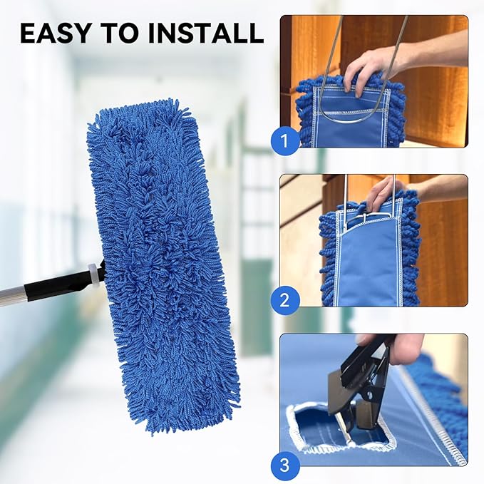 18 Inch Dust Mop Head: Replacement Medium Washable Commercial Mop Head Sweeper and Janitorial Replacement Blue