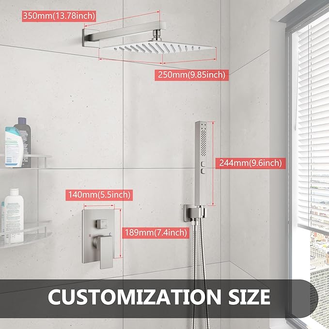 Shower Faucet Set Rainfall Shower System with Square Showerhead and Handle Set Fixture with 2 in 1 Function Handheld Sprayer Wall Mounted Trim Repair Kit Rough-in Valve 10 Inch Brushed Nickel