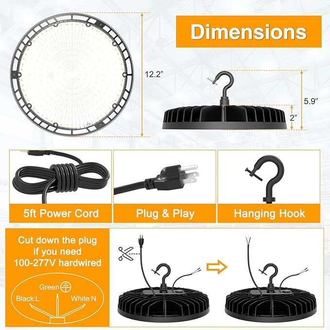 UFO LED High Bay Light 240W 190W 140W Adjustable High Bay LED Shop Lights 4500K 5000K 5700K Tunable 0-10V Dimmable for Warehouse Garage ETL DLC Listed AC100-277V (2 Pack)