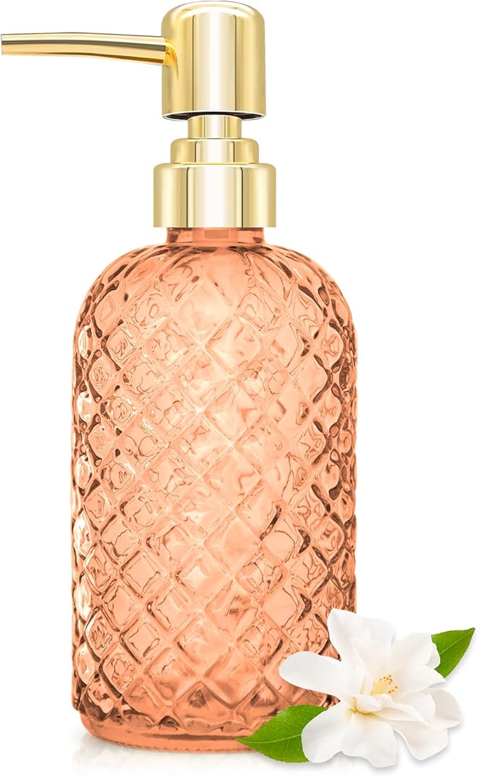 450ml Glass Soap Dispenser with Pump, 16 oz Diamond Cut Design Refillable Liquid Hand Soap Bottle Dispenser for Bathroom, Countertop, Kitchen, Laundry Room, Home Decor Accessories