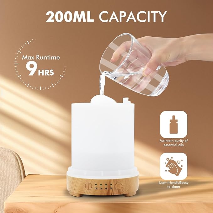 Essential Oil Diffuser 200ml-Ultrasonic Aroma Diffuser with 4 Timers, Aromatherapy Diffuser 7 Color LED Lights Waterless Auto Off for Home Office Yoga Gift (Ceramic White)