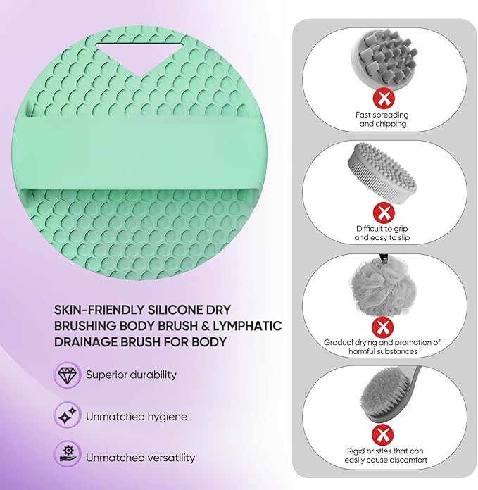 Heavy Duty Silicone Body Scrubber – Anti Zinc Infused-Lymphatic Brush Exfoliating Body Scrubber for Shower Body,with Stiff and Soft Bristles for Anti-Puffiness,Blood Circulation - Green