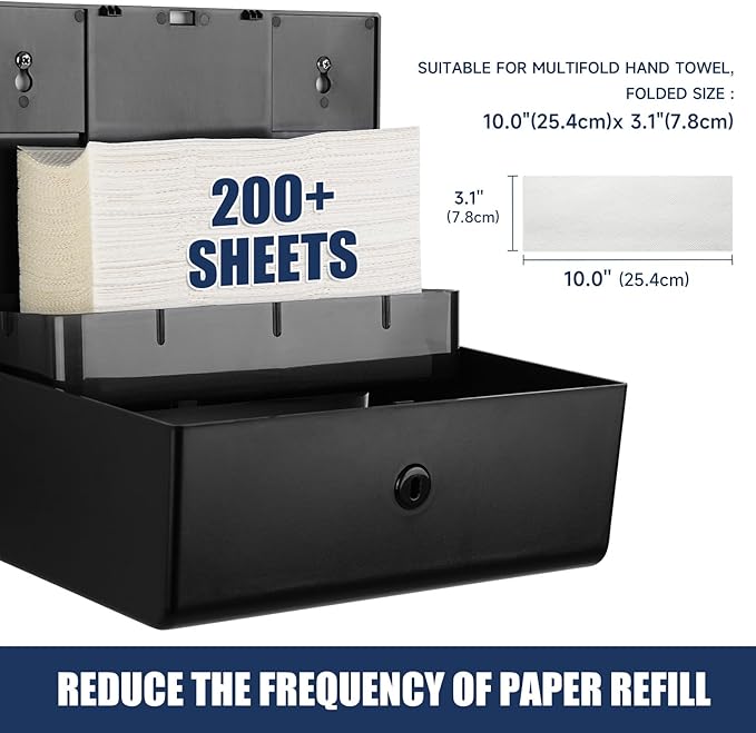 AIKE 200 Sheets Wall Mount Paper Towel Dispenser with Clear Window.Fit Multifold Paper Size 10"x3.1" or Smaller,Black Finish