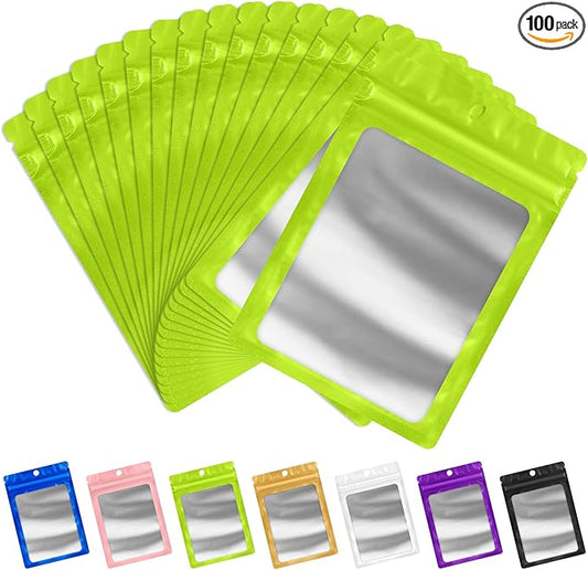 FUNFERY 100 Pack Mylar Resealable Bags Foil Packaging Bags with Clear Window,Zipper Pouch Smell Proof Bag for Food Storage,Cookies,Sample,Small Business(Green,4x6inch)