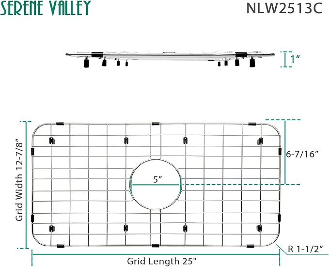 Serene Valley 25-1/8" x 12-7/8" Sink Grid, Centered Drain with Corner Radius 1-1/2", NLW2513C