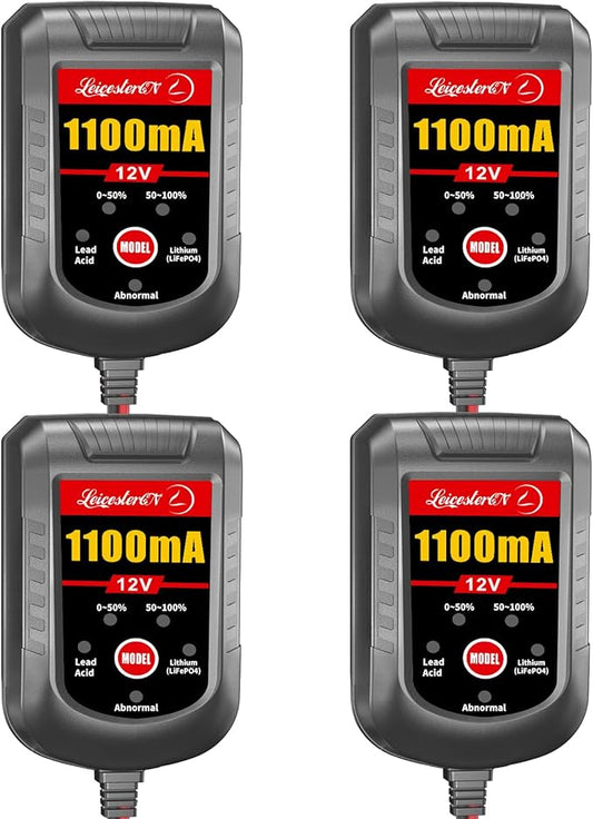 [4-Pack] Trickle Battery Charger 12V 1100mA Smart Car Battery Charger Battery Maintainer Float Charger for Motorcycle Lawn Mower Tractor Automotive ATV Lead Acid and Lithium Batteries