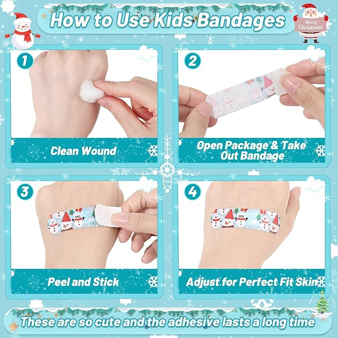 300 Pieces Christmas Kids Bandages 33 Styles Christmas Bandage for Kids Children's Adhesive Flexible Santa Claus Cartoon Bandages Breathable Protection Care Cuts for Girls Boys(Christmas)