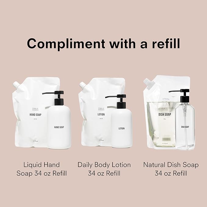 Public Goods Ceramic Lotion Dispenser Pump for Bathroom | Hand & Body Lotion Refill Bottle | Made Stoneware and Black Stainless Steel | 12 Oz Dispenser