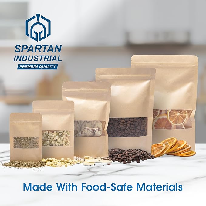 Spartan Industrial - 4" X 6" Kraft Paper Resealable Stand-Up Pouches - Pack of 1000 Small Smell-Proof Storage Pouches for Food Packaging, Pet Treats, Cosmetics, and More