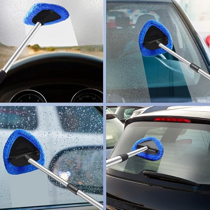 Car Windshield Cleaning Tool Set, Interior Exterior Auto Glass Cleaner Kit with Extendable Handle and 4 Reusable Microfiber Pads for Cars Trucks and Home (Grey)
