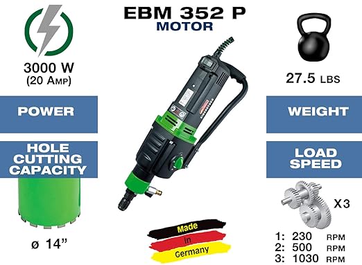 CS Unitec EBM 352/3 P - 14 in. Capacity Concrete Core Drill - Wet Diamond Core Drill - 3-Speed for Concrete, Brick, Block, Aspahlt, and Stone - Made in Germany - 110V