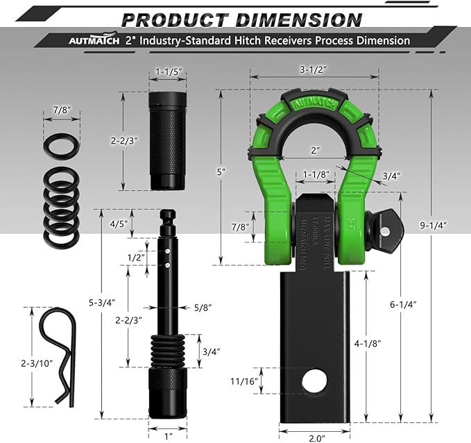 AUTMATCH Shackle Hitch Receiver 2" with 3/4" Mega D Ring Shackle and 5/8" Trailer Hitch Lock Pin, 68,000 Lbs Break Strength Heavy Duty Receiver Towing Kit for Off-Road Vehicle Recovery, Black & Green