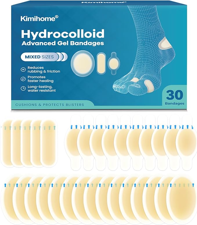 Hydrocolloid Blister Bandages for Feet - 30ct Gel Blister Bandages - Blister Cushions for Heel, Toe - Blister Prevention for Travel - Water Resistant Bandages Pads (Variety Pack)