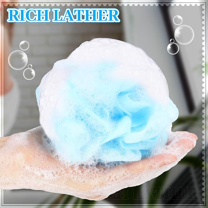 12 Pcs Travel Size Loofah Individually Wrapped, Small Shower Puff Bath Sponge Pouf Ball Bulk Mesh Bath Puff Mini Loofah Sponge with Case Bulk for Shower Care (25g,Blue)