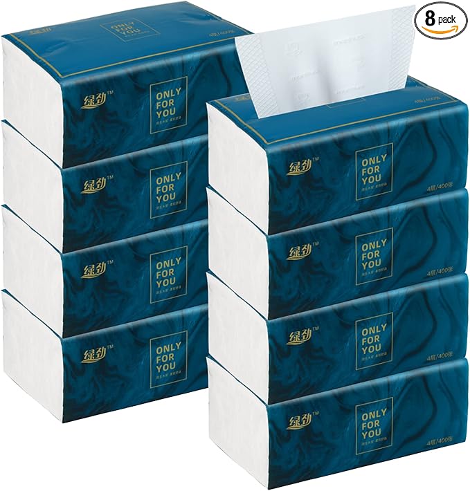8 Packs Disposable Facial Tissue, Toilet Paper, Native Wood Pulp Fiber Material, Soft Facial Napkin, White Facial Paper Tissue, 4-Ply, 400 Sheets per Pack