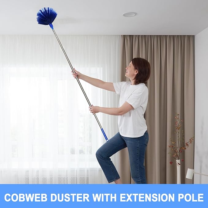 Cobweb Dusters with Extension Pole 100-inch, Spider Web Brush & Ceiling Cleaning Kit, Washable Cleaning Duster Kit with 2 Duster Heads, Cobweb Duster, Corner Brush for Ceiling Fan, Furniture, Home