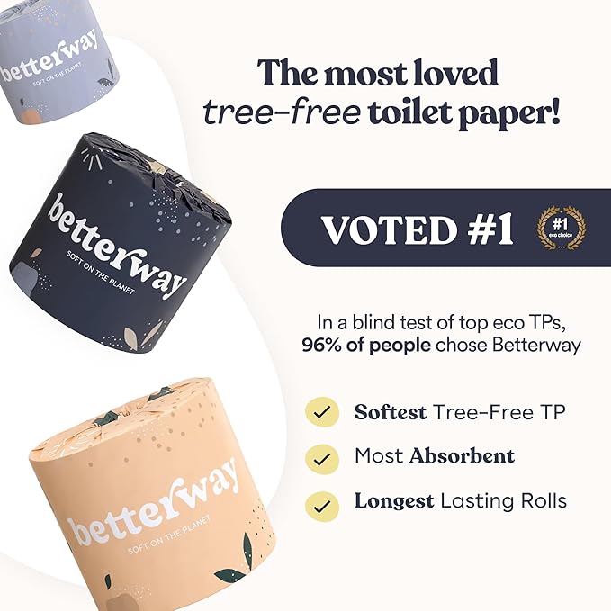 Betterway Bamboo Toilet Paper 3 Ply - Sustainable Toilet Tissue - 12 Double Rolls & 360 Sheets Per Roll - Septic Safe - Organic, Plastic & PFAS Free - FSC Certified