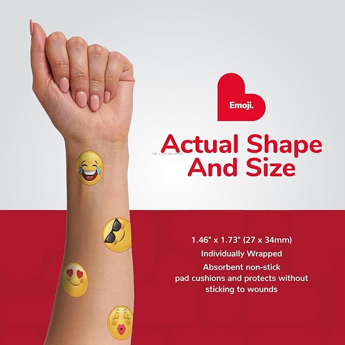 BioSwiss Kids Bandages, Emoji Shaped Self Adhesive Bandage Set, Latex Free, Sterile Wound Care, 50 Count