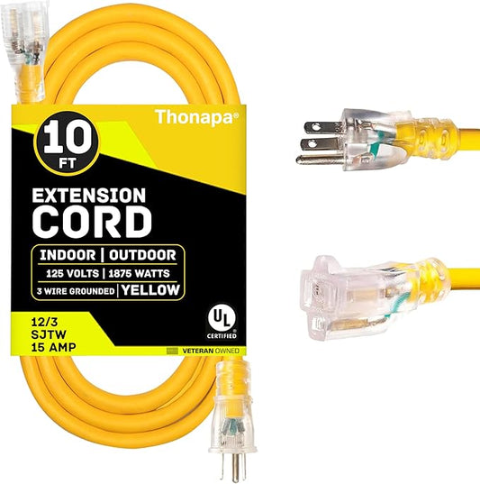 10 Foot Lighted Outdoor Extension Cord - 12/3 SJTW Heavy Duty Yellow Extension Cable with 3 Prong Grounded Plug for Safety - Great for Garden and Major Appliances