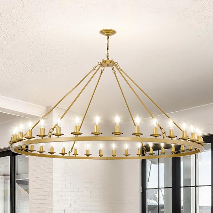 Wagon Wheel Chandeliers, 36-Light Gold Extra Large Modern Rustic Farmhouse Chandelier Adjustable Height Light for High Ceiling Living Room, Entryways, Foyer, Dining Room, Kitchen
