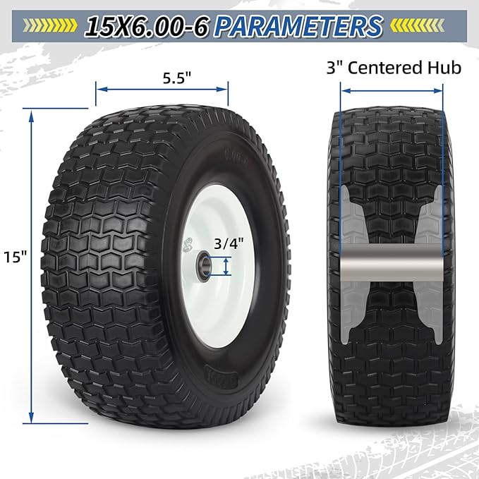 15x6.00-6 Flat Free Lawn Mower Tire and Wheel, 15x6-6nhs Riding Mowers Lawn Tire and Wheel with 3/4" Bearing, 3" Centered Hub, 2 Pack