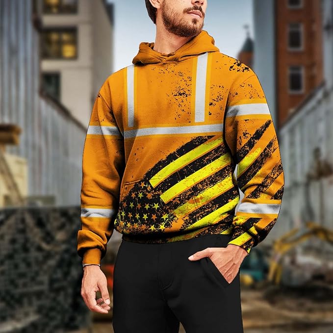 Color US Flag High Visibility Hoodie for Men Women Reflective Tapes Safety Workwear for Worker Runner Patriotic