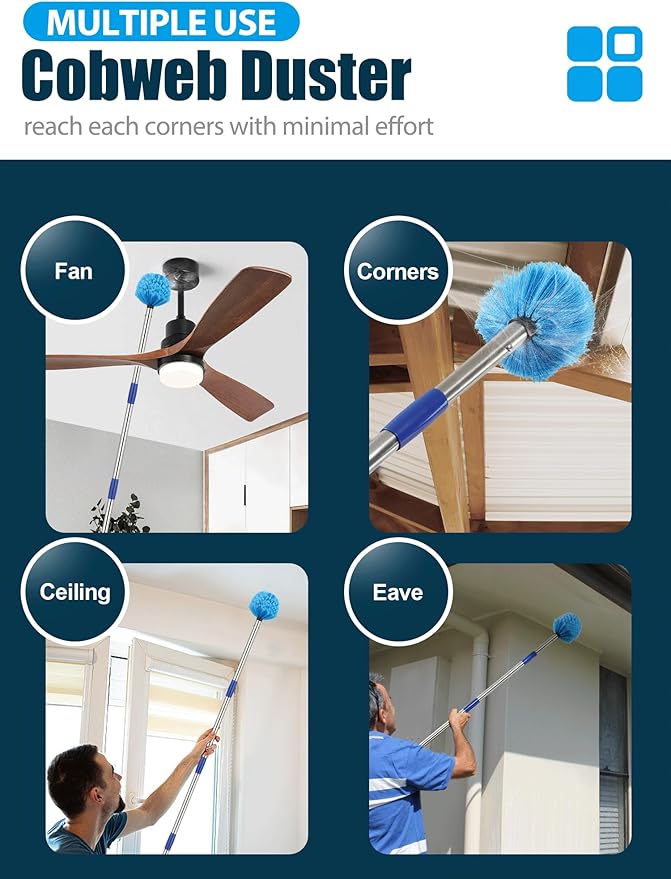 Cobweb Duster with Extension Pole, Outdoor Spider Web Brush with 6 ft Long Handle, Metal Cob Web Remover for High Ceilings Fans Indoor Cleaning, Medium-Stiff Bristles Dust Brush, Lightweight Cleaner