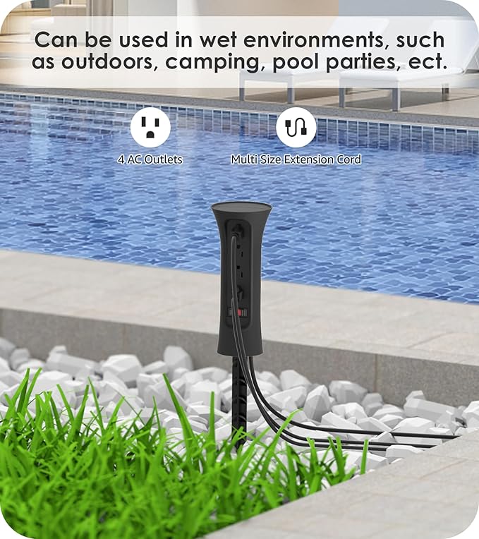 CCCEI Outdoor Power Strip Weatherproof with Stake, Waterproof Extension Cord with Multiple Outlets, Christmas Exterior Garden Decor, Yard, Camping, 4 Plugs, Surge Protector 10FT, Black.