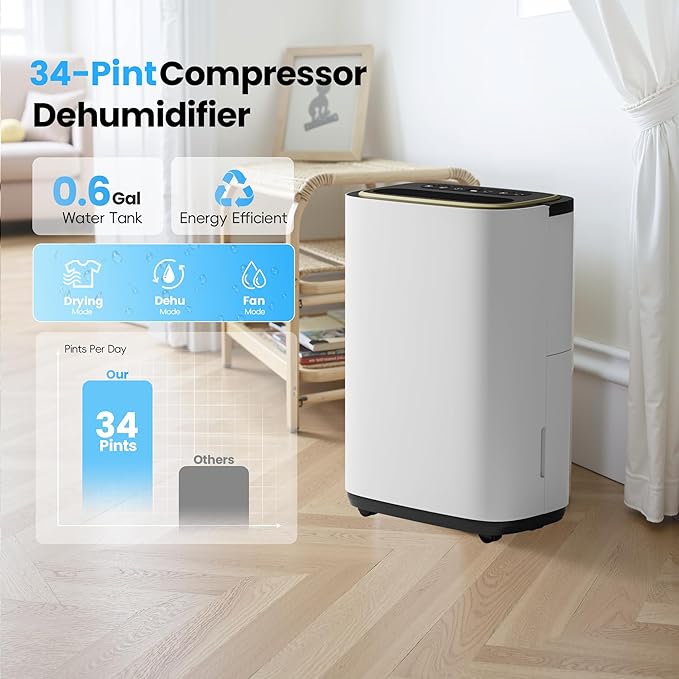 3400 Sq.Ft Dehumidifier, 34PT/24H Dehumidifiers with Drain Hose for Home, Large Compressor Dehumidifier for Basement/Laundry/Bedroom/Office, Dehu/Dry/Air Mode, Humidity Display/Timer/Child Lock