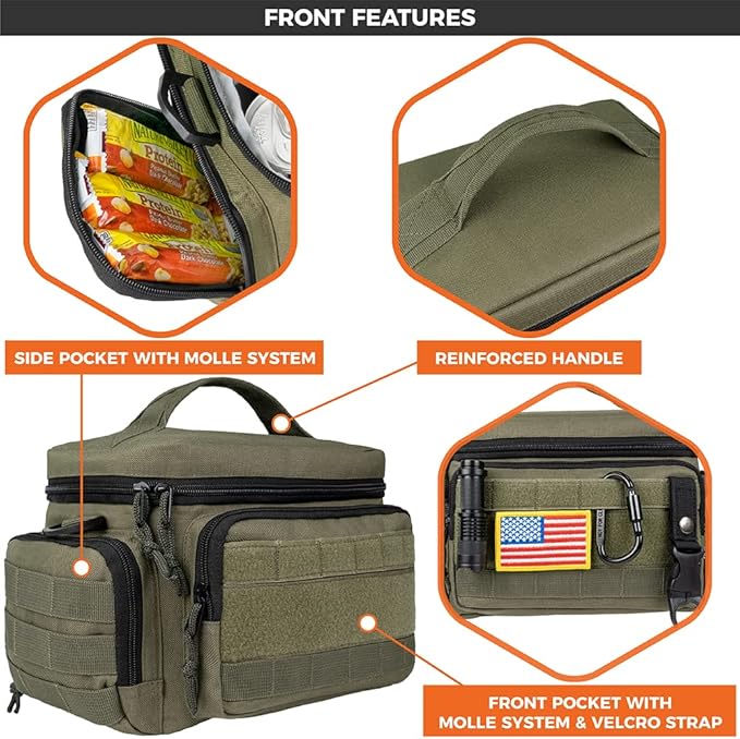 opux Tactical Lunch Box for Men, Olive Mens Insulated Lunch Bag for Adult, Leakproof Soft Lunch Cooler with MOLLE Mesh Side Pockets, Multicam Heavy Duty Lunchbox Pail for Work Women, Medium 10 Cans