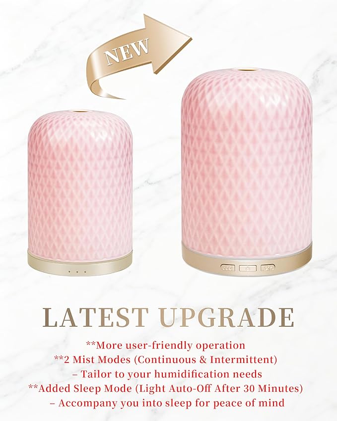 Essential Oil Diffusers,Diffusers for Essential Oils Large Room,120ML Ceramic Diffuser with USB Cable, Warm Ambient Light, Aromatherapy Diffuser Home Decor, Gift Choice, Pink