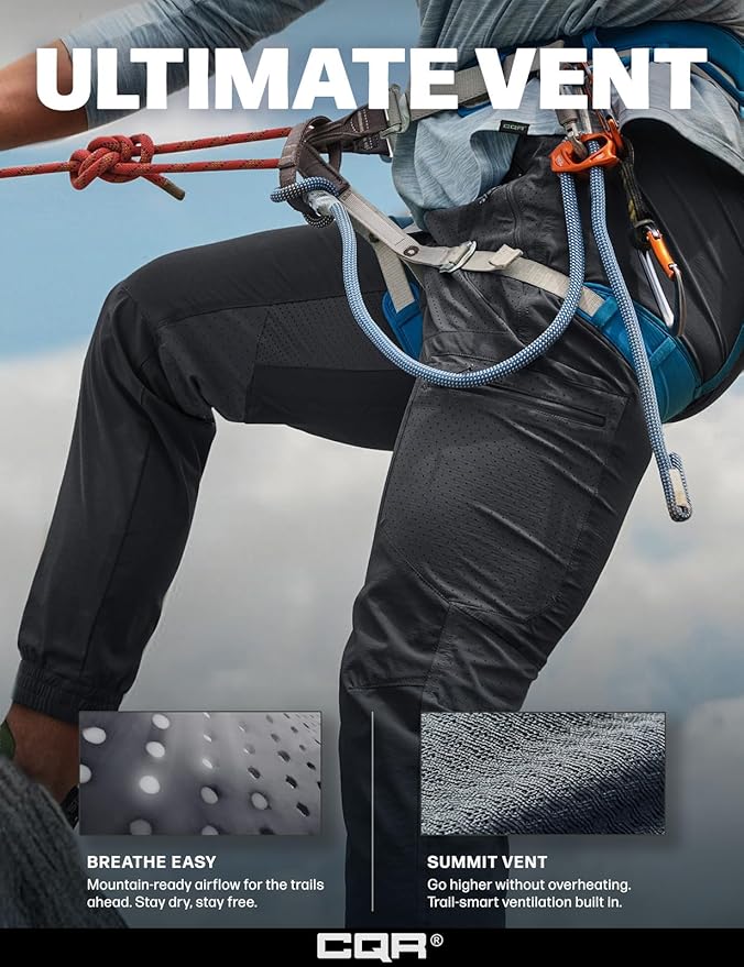 CQR Men's Lightweight Vent Hiking Pants, Water-Resistant & Breathable Sports Outdoor Athletic Pants with Elastic Waist