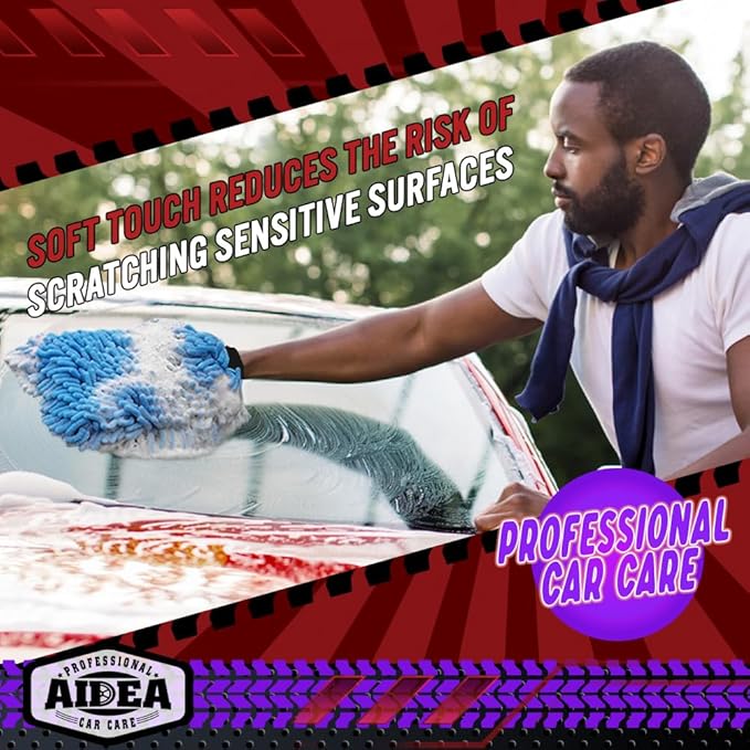 AIDEA Car Wash Mitt Microfiber2PK, Scratch-Free& Lint-Free, Premium Chenille Microfiber Wash Mitt-Blue Extra Large Size (8''X12'')